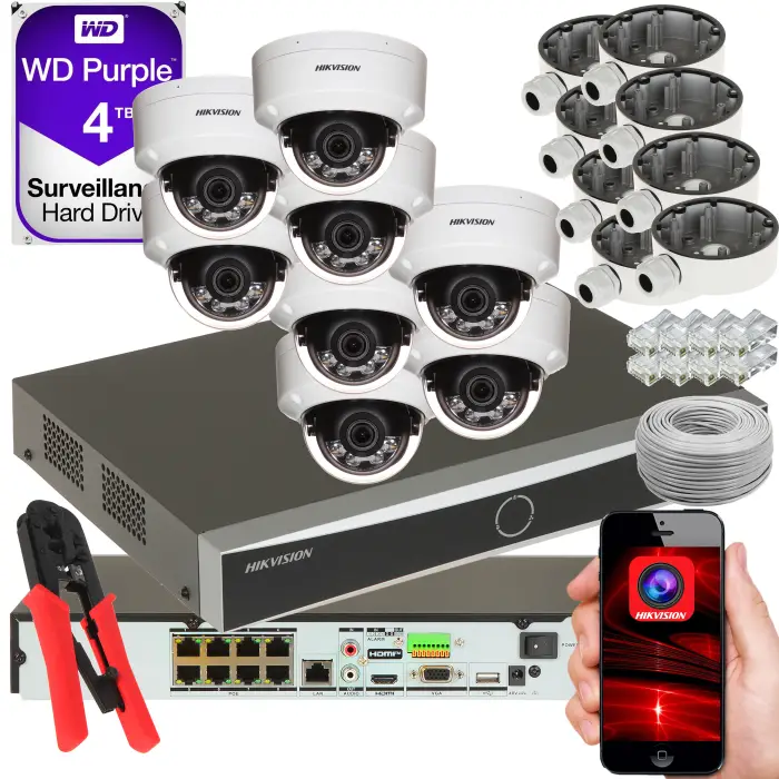 KOMPLETNY ZESTAW DO MONITORINGU IP HIKVISION 8 KAMER KOPUŁOWE WANDALOODPORNE 4MP + REJESTRATOR 8 KANAŁOWY POE + DYSK TWARDY